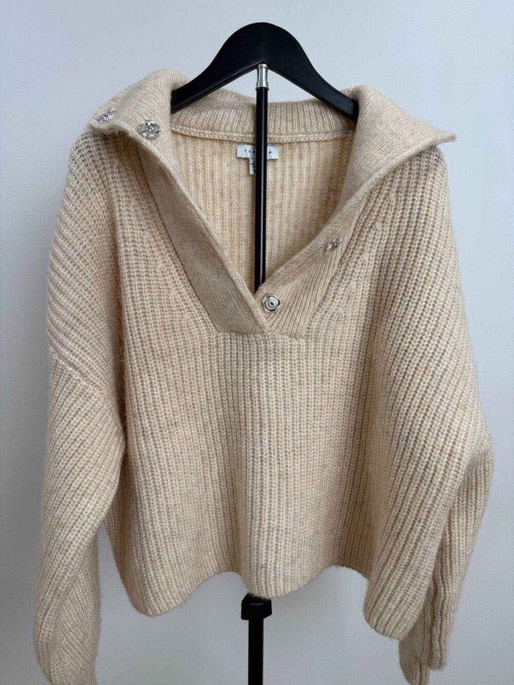 Topshop Cream Chunky Ribbed Snap-Neck Sweater M US 8–10